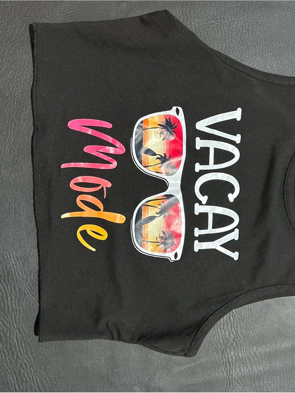 SHEIN Black "VACAY Mode" Crop Tank with Sunset Sunglasses Graphic